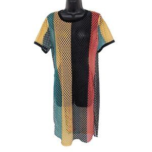 Mesh Fishnet Cover Up Mini Dress Colorblock Festival Rave Resort Vacation Size1X